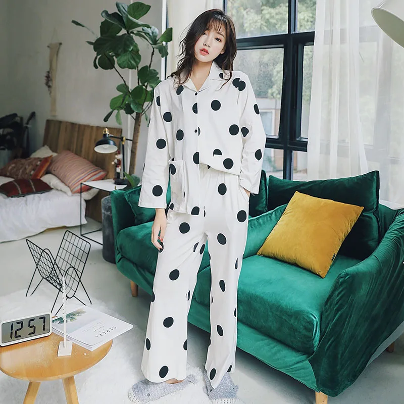 Хлопковая пижама в горошек Женский комплект весна 2019 одежда для сна длинная