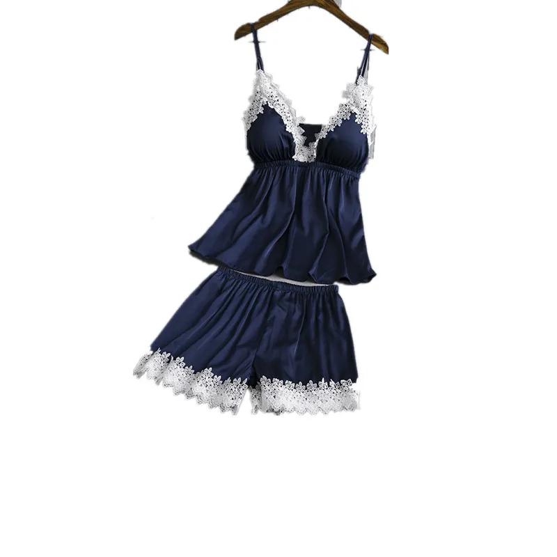 

Women Sexy V-neck Strap Top&shorts Pajamas Set Summer Sleeveless 2PCS Sleepwear Sleep Set Thin Satin Lace Nightwear Home Clothes