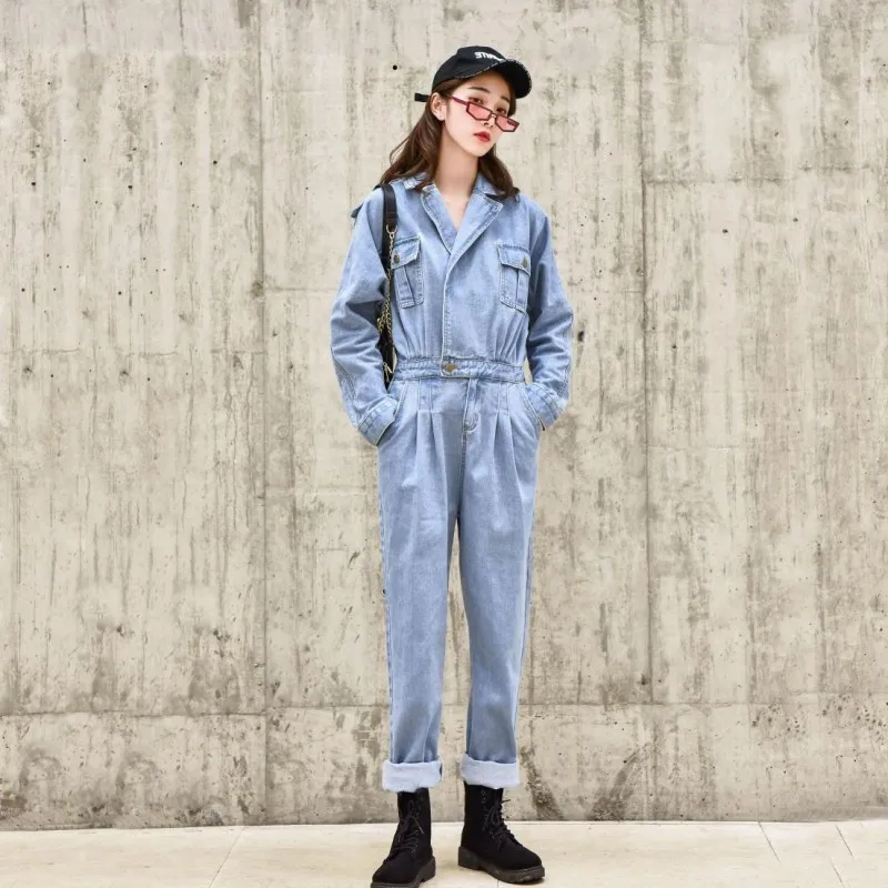 

Женский джинсовый комбинезон, элегантный синий комбинезон в стиле ретро с длинным рукавом и высокой талией, весна 2020