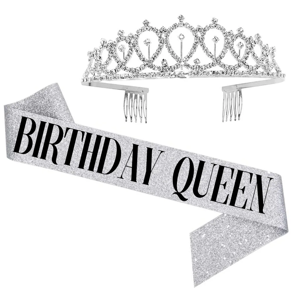 

Happy Birthday Queen Birthday Party Shoulder Strap Set Glitter Pink Font Birthday Shoulder Strap Birthday Crown Set Wedding