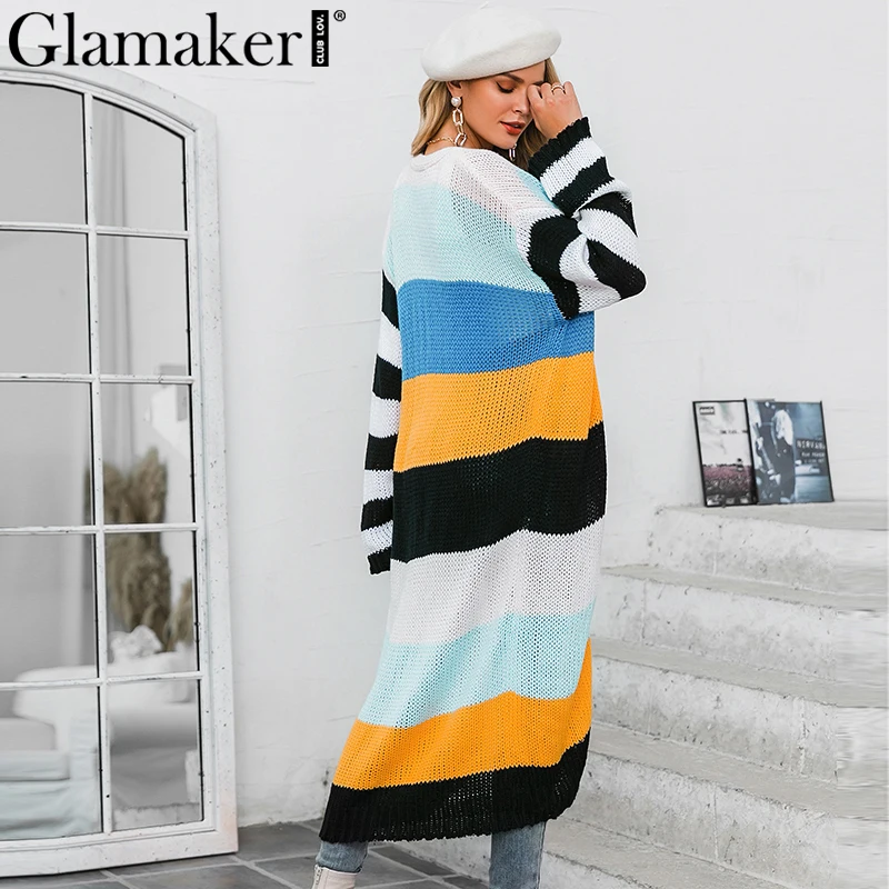 Glamaker вязаный Цветной полосатый длинный кардиган, женская модная уличная одежда, осенняя верхняя одежда, свитер, Женский Повседневный Кардиган-пальто