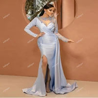 attractive light blue mermaid evening dresses mermaid prom slit sleeves robe de soiree celebrity engagement vestidos fiesta plus