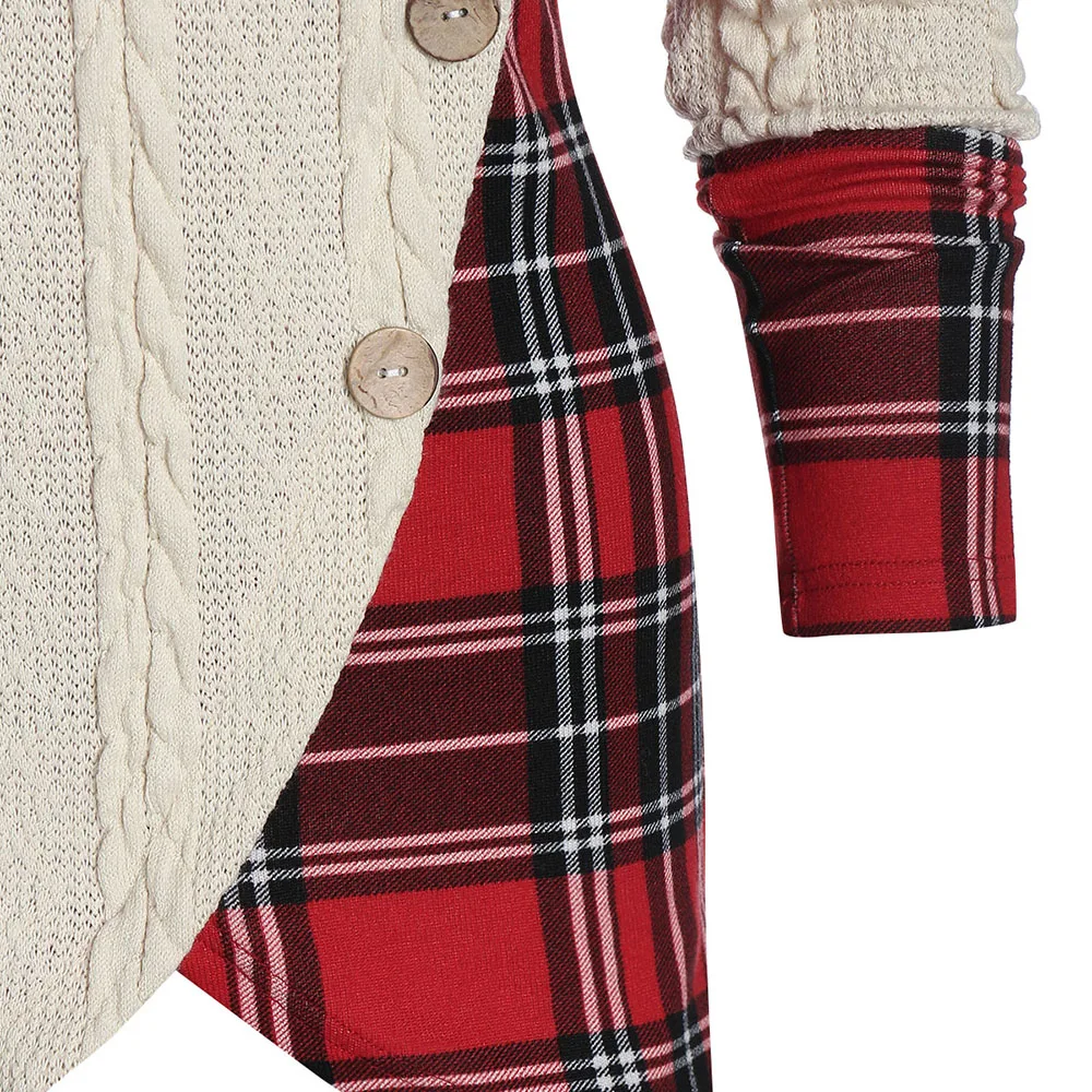 weitongbuWomen Tartan Panel Mock Button High Low Sweater Elastic Casual Plaid Longline Long Asymmetric Pullovers | Женская одежда