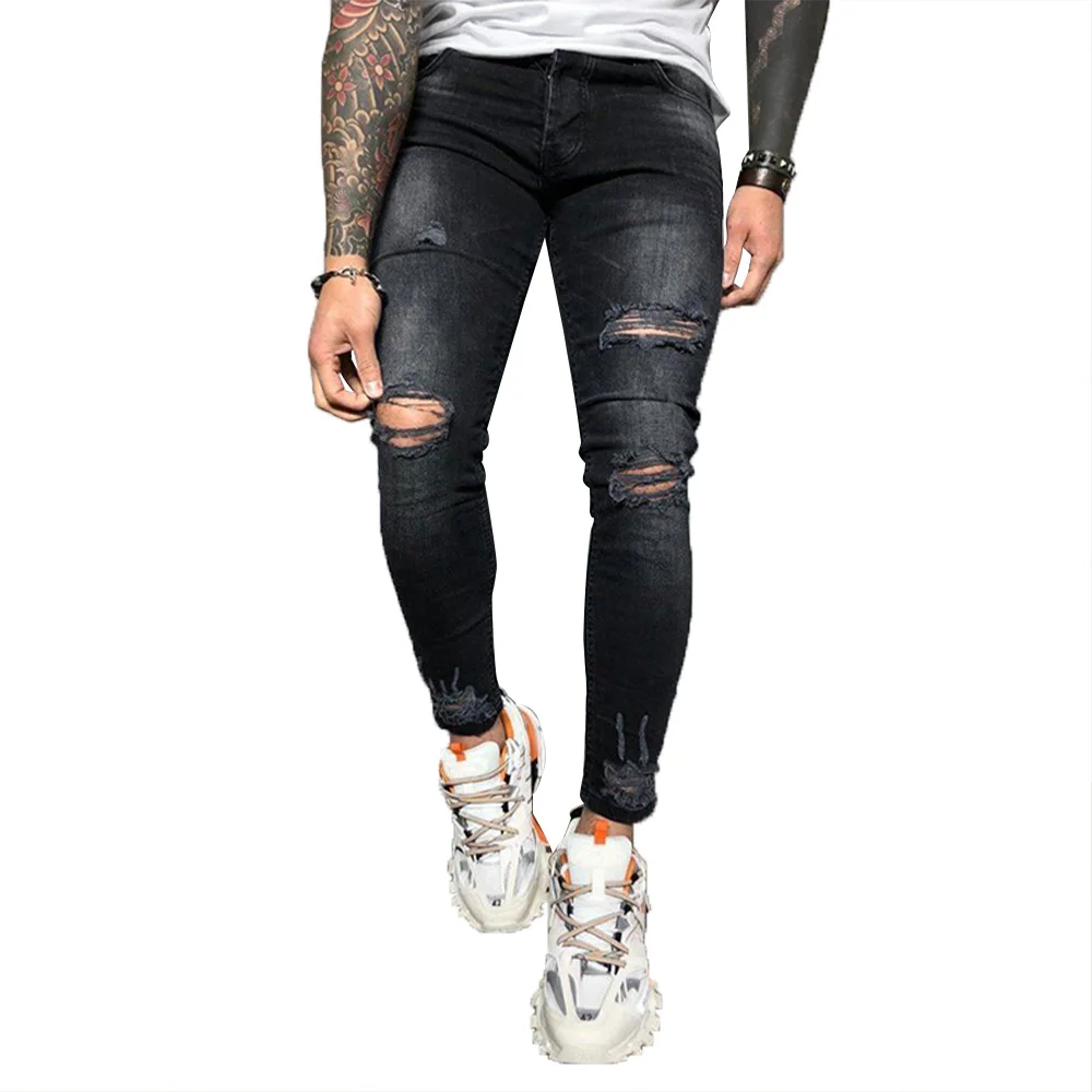 

Мужские джинсы, черные зауженные спортивные штаны, рваные, мужские джинсовые брюки, повседневные джинсовые скинни, мужские