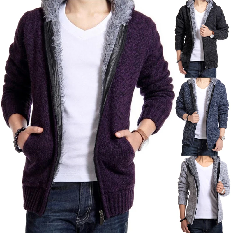 

Winter Plus Velvet Thick Warm Sweater Men Casual Slim Knit Cardigan Jacket Solid Color Long Sleeves Hooded Coat Куртка Mужская