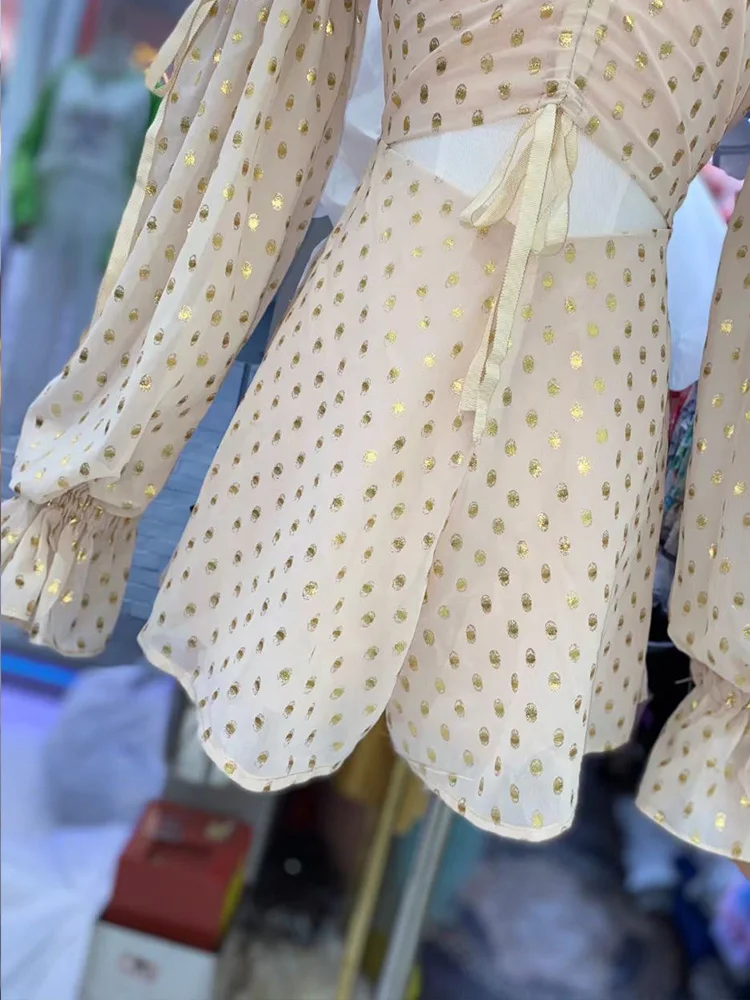 

Retro Polka Dot Sexy Leaky Shoulder Drawstring Hollowed Waist Loose Wide Leg One-piece Shorts Ladies Summer New Fashion