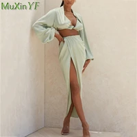 womens sexy v neck two piece clothing set spring summer 2021 new solid stain full sleeve cross crop top split high waist suit