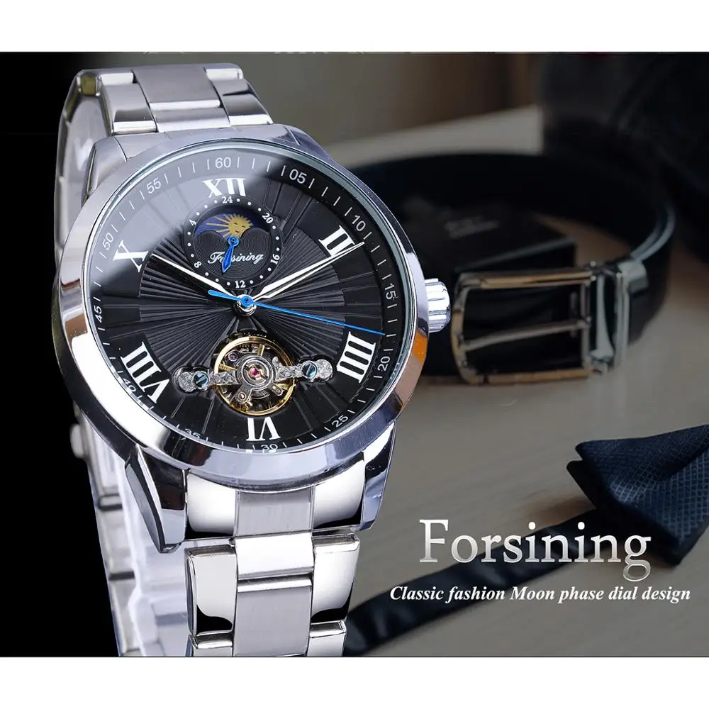 Forsining классические мужские Tourbillon механические часы модный бренд черный Moonphase бизнес стальной ремешок автоматические часы Reloj Hombre