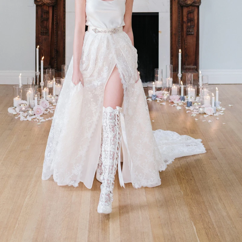 Новинка белые сапоги до колена Свадебная обувь свадебные туфли на шнуровке с