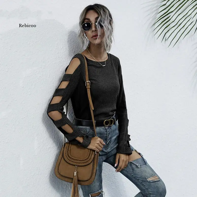 

Off-The-Shoulder Tight Sweater Women's Fashion Spring and Autumn Hollow Long-Sleeved Casual Pullover Sweater Sweater Khaki Ladie