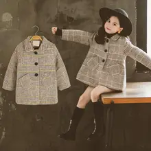 Coat Fashion Autumn Winter Children's Hairy Design Long Coat for Girls Kids Outerwear Grid Pattern W