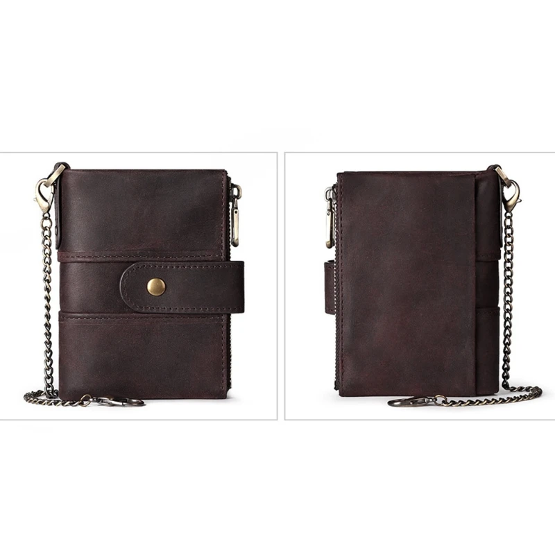 

066F Leather Wallet for Men with Anti Theft Chain RFID Blocking Hasp Bifold Multi Card Holder Large Capacity Travel Wallets with