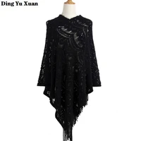 autumn winter asymmetric style crochet poncho fashion jumper hollow out cloak sweater women knit pullover with tassel cape femme