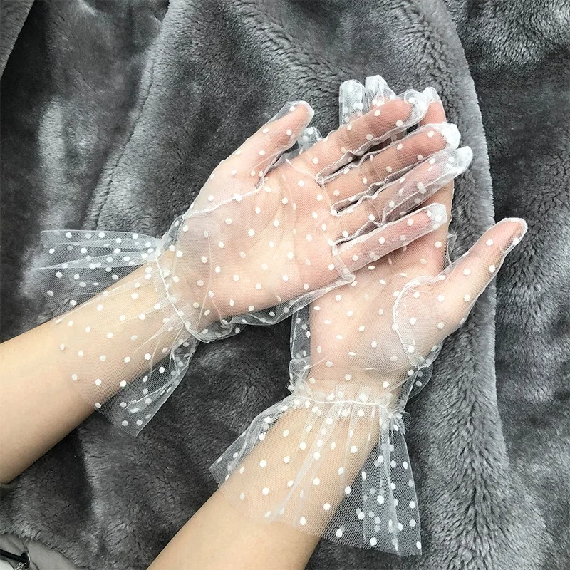 

Summer Autumn Short Sheer Arenadine Women's Sexy Wedding Gloves Transparentes Dot Print Black White Mesh Tulle Gloves princess