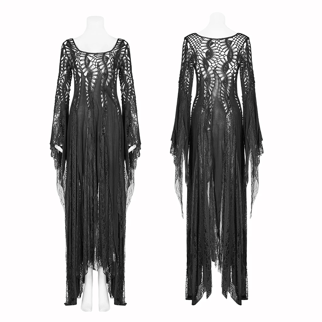 Женское готическое платье макси Goth Черное длинное с асимметричным кружевным