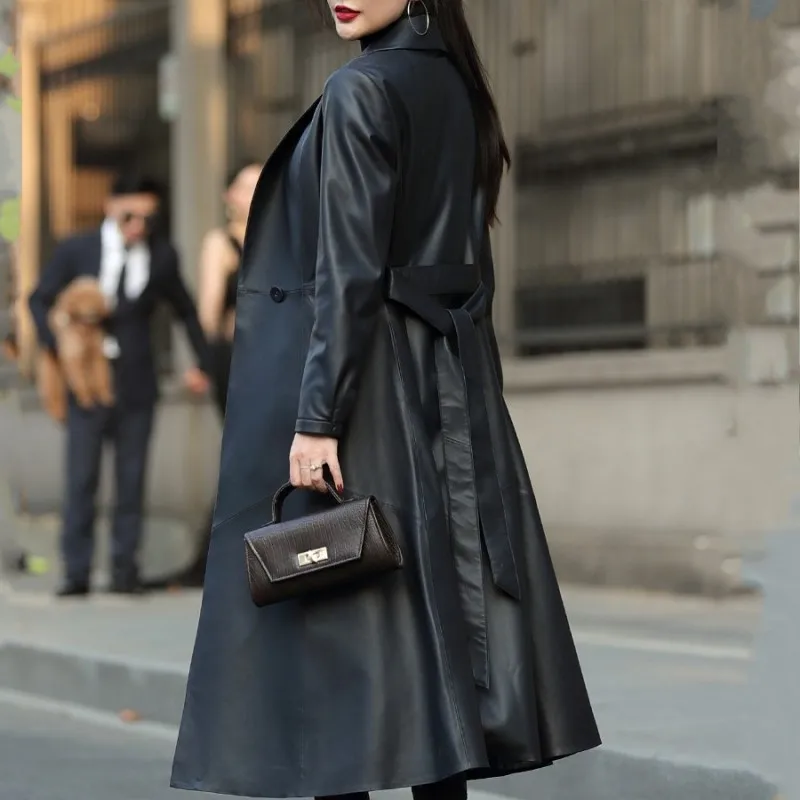 

Long Women Genuine Leather Jacket Autumn Office Ladies Single Button Classic Windbreakers Coat Elegant Sashes Sheepskin Overcoat