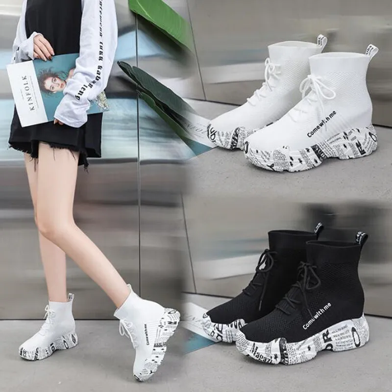 

New Fashion Shoes Woman Ankle Boots Autumn Women Sock Boots Spring Lace Up Hidden Heels Platform Shoes for Women Sneakers 2021