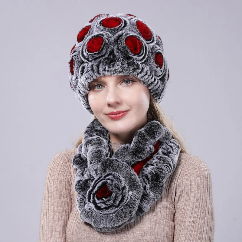 Новинка, вязаная зимняя шапка с кроликом Рекса, меховой шарф, набор женских хлопковых шапочек с цветком и кольцевым шарфом, женские зимние аксессуары - Цвет: 3