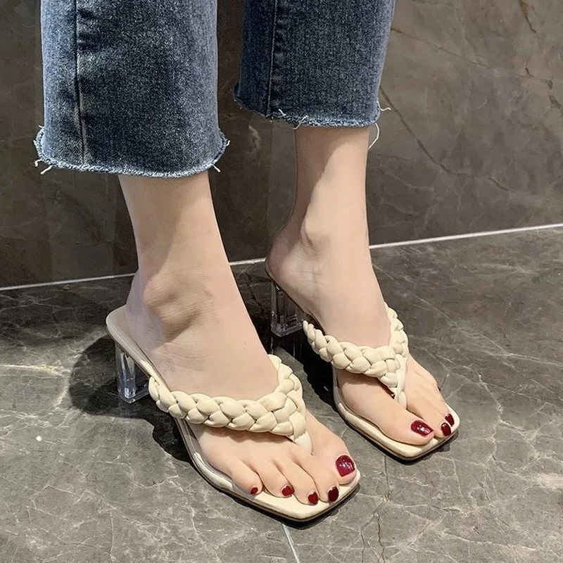 

2021 Plus Size New Woven Crystal Thick Heel Slippers Women Korean Sandals and Slippers Women