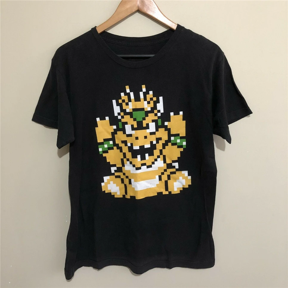 Super Mario Bros. Bowser 8-битный пикселей nintendo футболка черные мужские средней длины печать