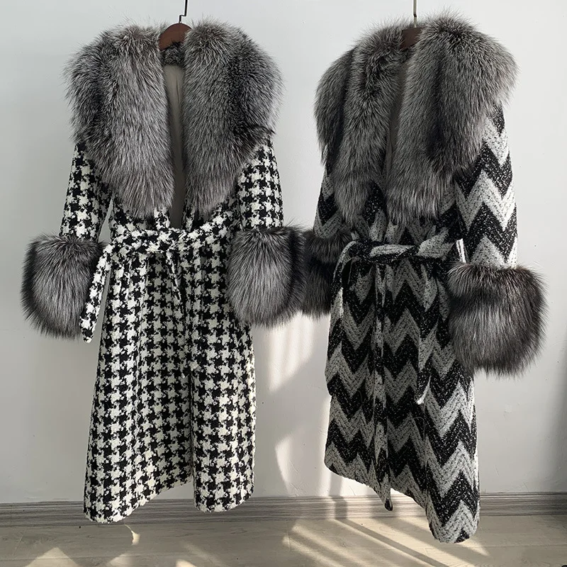 Luxury Fur Coats with Fox Fur Collar Winter Thick Women Houndstooth Long Real Fox Overcoats Belted Female Plaid Jackets 2 Colors