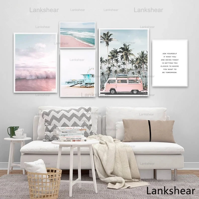 

Ocean Landscape Canvas Poster Nordic Style Beach Pink Bus Wall Art Print Painting Decoration Picture Scandinavian Home Decor