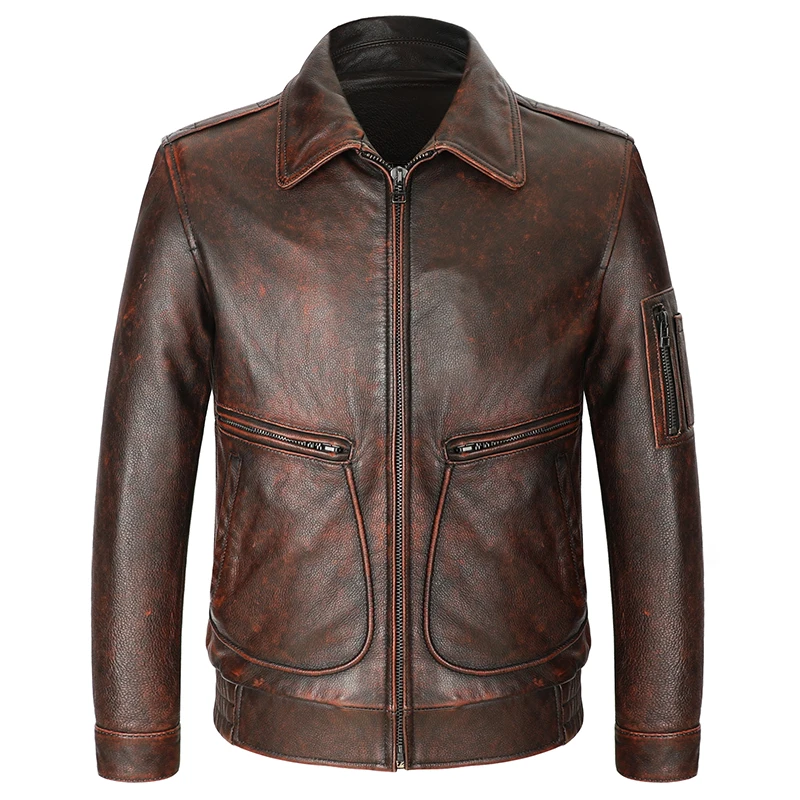 Мужской из натуральной кожи куртка телячьей коричневый Amekaji винтажные кожаные