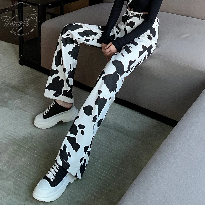 

Black and white high-waisted jeans for female cow personality straight leg trousers vintage streetwear jeans woman y2k jeans