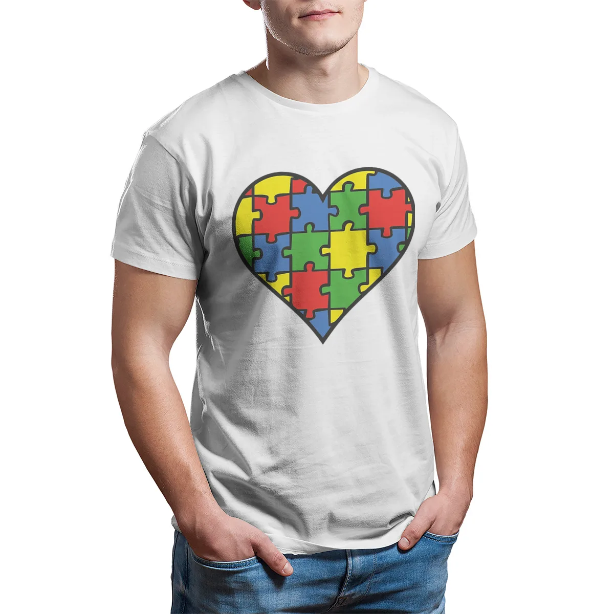 

Мужская футболка с изображением сердца при аутизме, уличная одежда из 100% хлопка в стиле панк с рукавами, топы, Высококачественная футболка, ...
