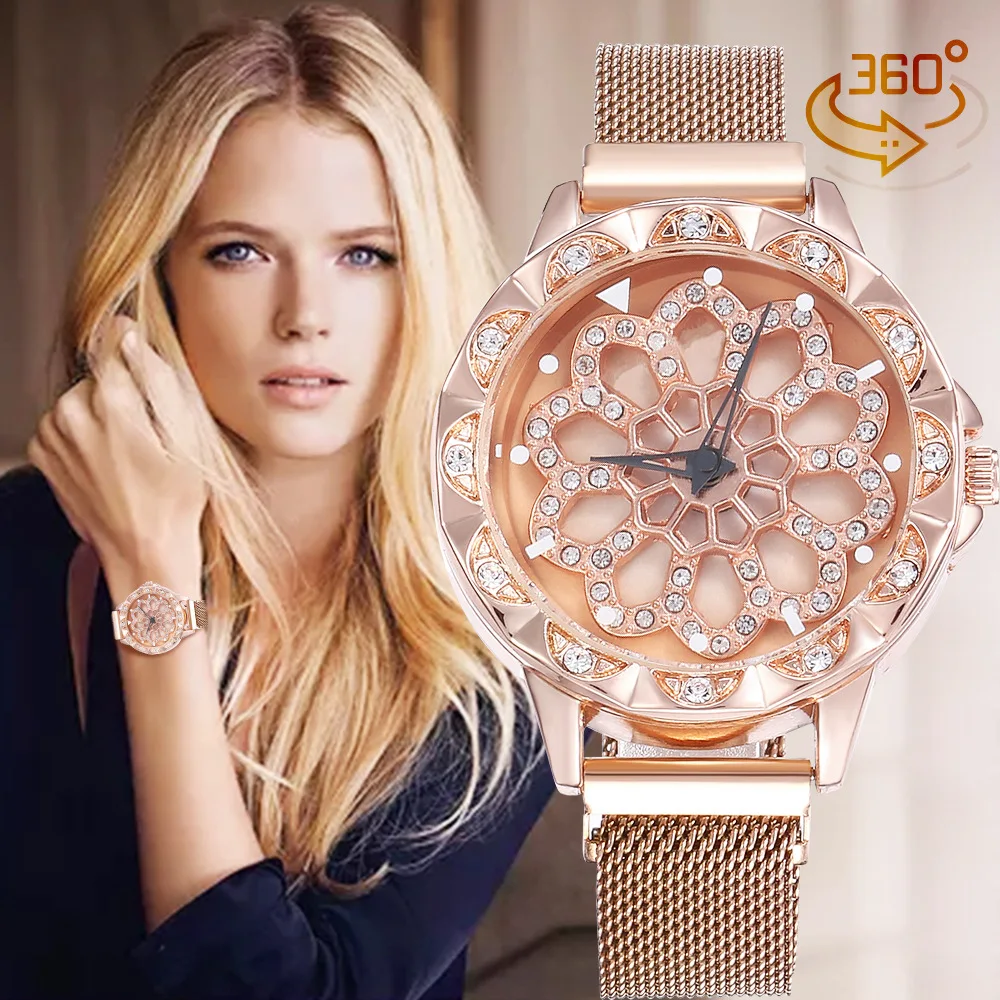 

2021 New Top Brand Rosy Gold 360 degree rotation Women Mesh Magnet Buckle Starry Sky Watch Women Quartz Watches Relogio Feminino