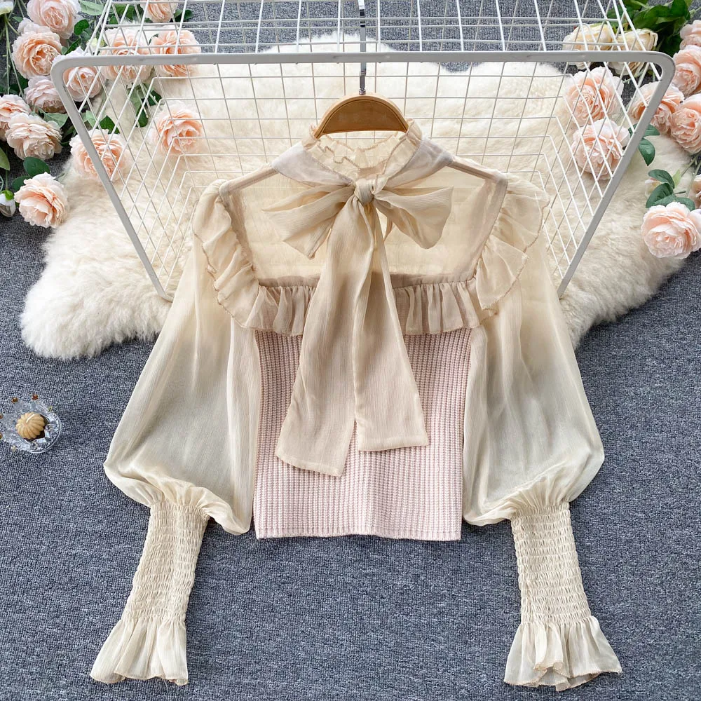 

WIGADFHK 2021 Autumn French Blouse Women Bow Collar Knit Splice Chiffon Long Sleeve Tops Women Slim Streetwear Short Blouses