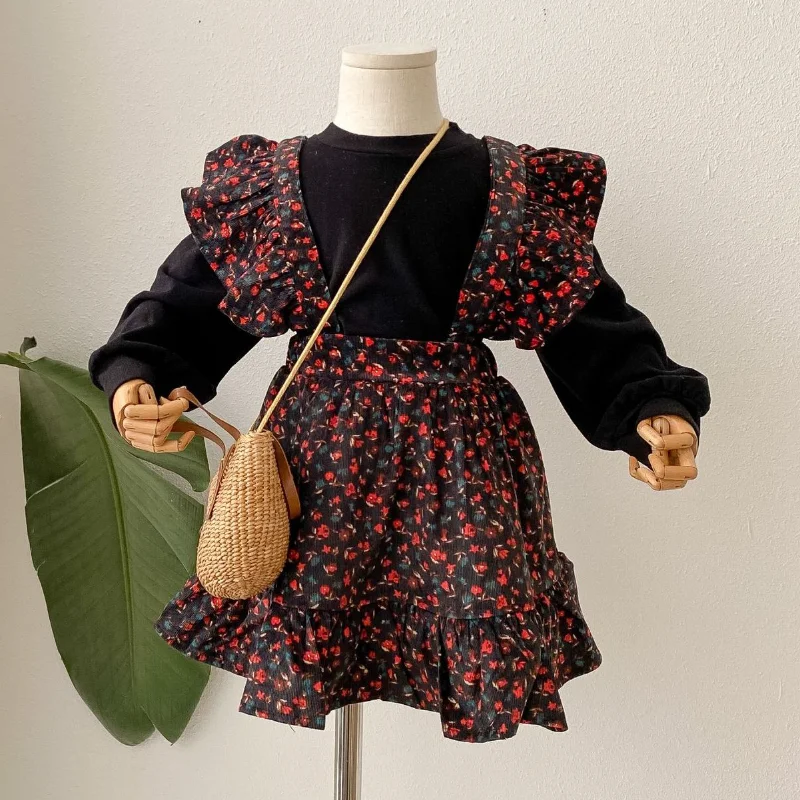 

2PCS WLG Kids Fall Clothes Girls Black T Shirt and Floral Printed Strap Dress Set Baby Girl Outfits for 2-7 Years