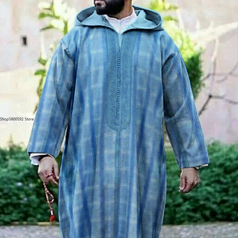 Traditional Striped Men's Long Sleeve Hooded Robe Muslim Oversized Long Shirt Mens Casual Shirts Plus Size Male Clothes 2022