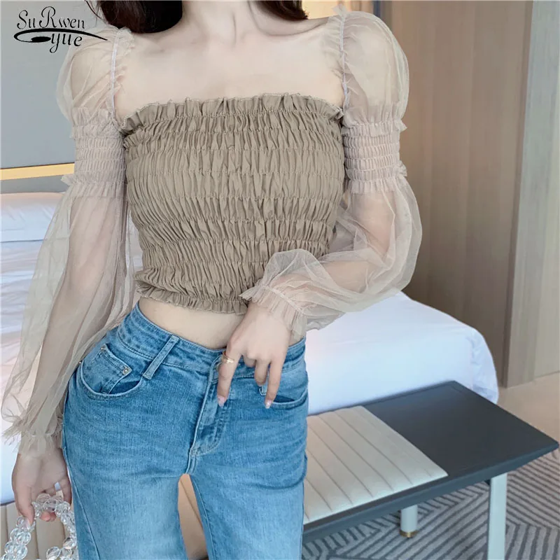 

Женская блузка на одно плечо, без бретелек, с открытыми плечами, короткая сетчатая марлевая блузка с рукавами-фонариками, привлекательная М...