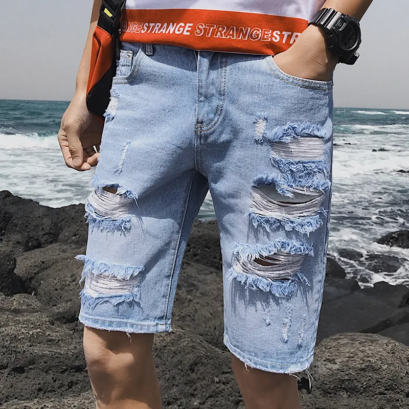 

Summer denim shorts fit slim big hole fashion trend 5-point denim shorts