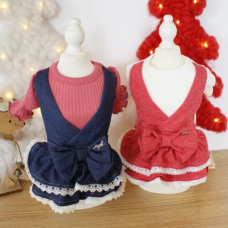 

Dog Clothes Denim Bow Cotton Cat Dog Dress Fashion PET Clothing For Dogs Puppy Winter Warm Pet Products Puppy Chihuahua
