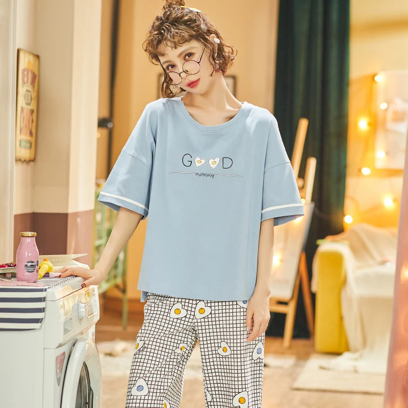 

Loose Casual Cropped Trousers Round Neck Short-sleeved Cotton Soft Sleepwear Summer Cute Sweet Beauty-style Home Wear Pajamas
