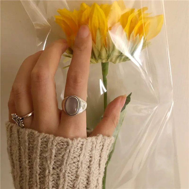 

7Rings New Trendy Style Vintage Fashion S925 Silver Oval Gem Open Rings for Women Classic Jewelry Accessories for Female
