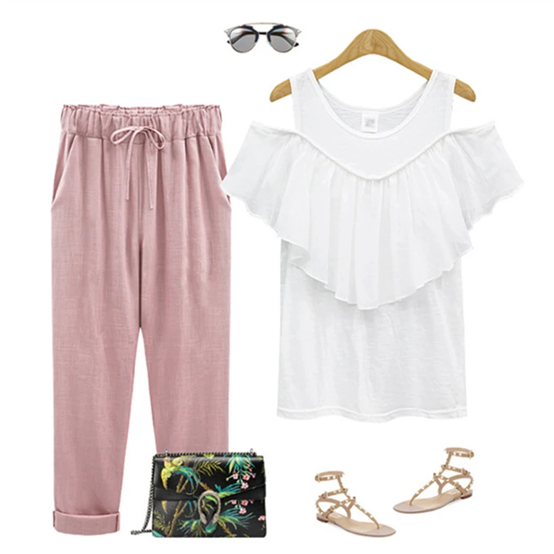 

Cotton Linen Pants plus size Elastic high Waist Ankle Length Casual Women Loose spring pants 8XL