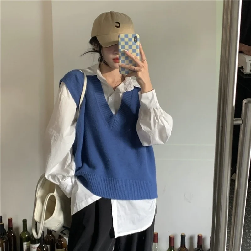 

V-neck Pullover Knitting Vest Coat Women's Early Autumn Loose Outer Wear All-Match College Style Retro Hong Kong Style Sweater