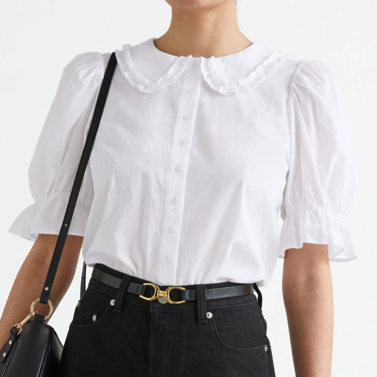 

Блузка женская однотонная на пуговицах, Элегантная Модная шикарная рубашка с короткими рукавами-фонариками, с воротником «Питер Пэн» и обо...