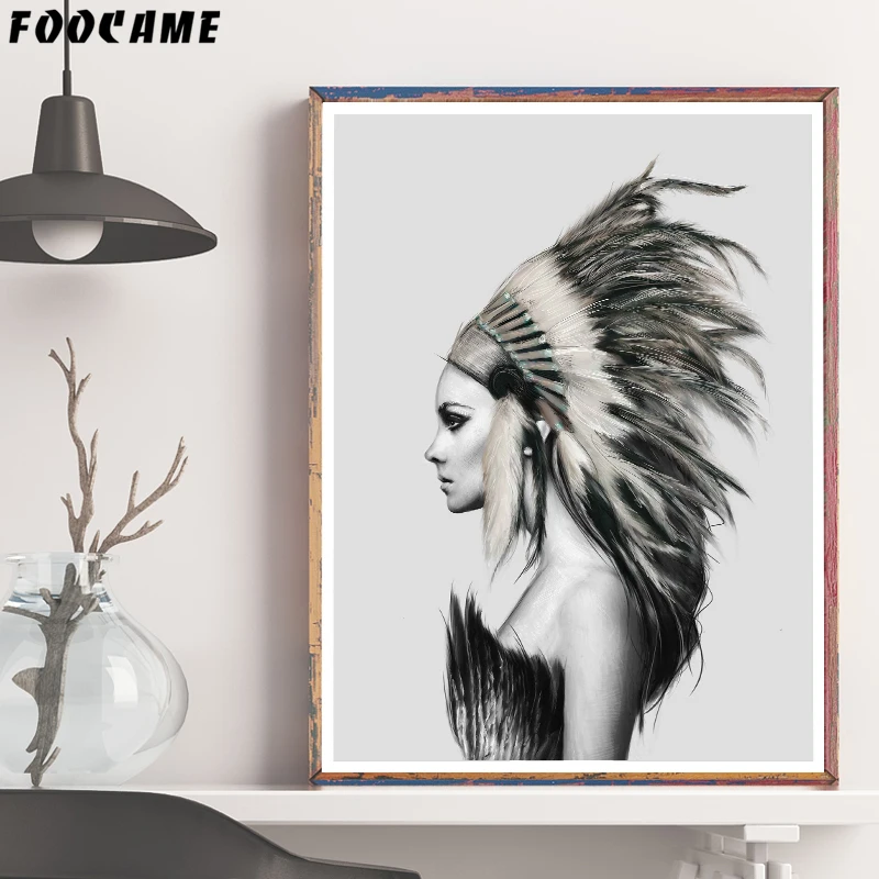

Feather Indians Woman Nordic Canvas Painting Poster Wall Art Print Black and White Minimalist Pictures Room Home Decoration