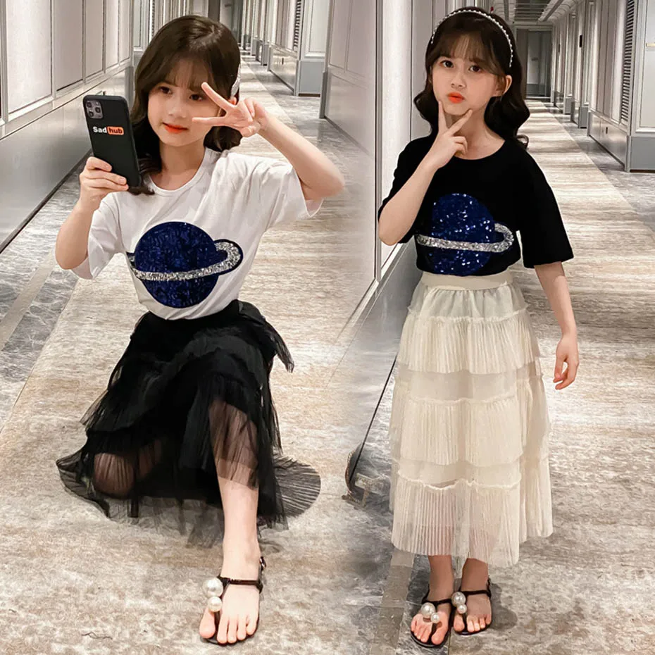 Летняя одежда для девочек футболка с блестками + юбка Повседневная стильная