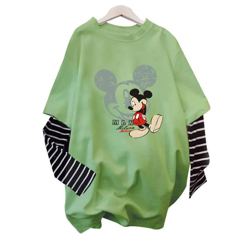 

Ins Female Itself Sweatshirts Cartoon Mickey Loose Striped Long Sleeve Shirts Cotton Autumn Clothes Splicing Full Sleeve Hoodie