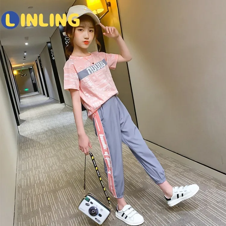 

LINLING Tick Tock Clothes for Girls Short Cotton Girl Casual Suit Fashion Daily Summer Girl Set Girl 10 Years Clothing 2PCS P828