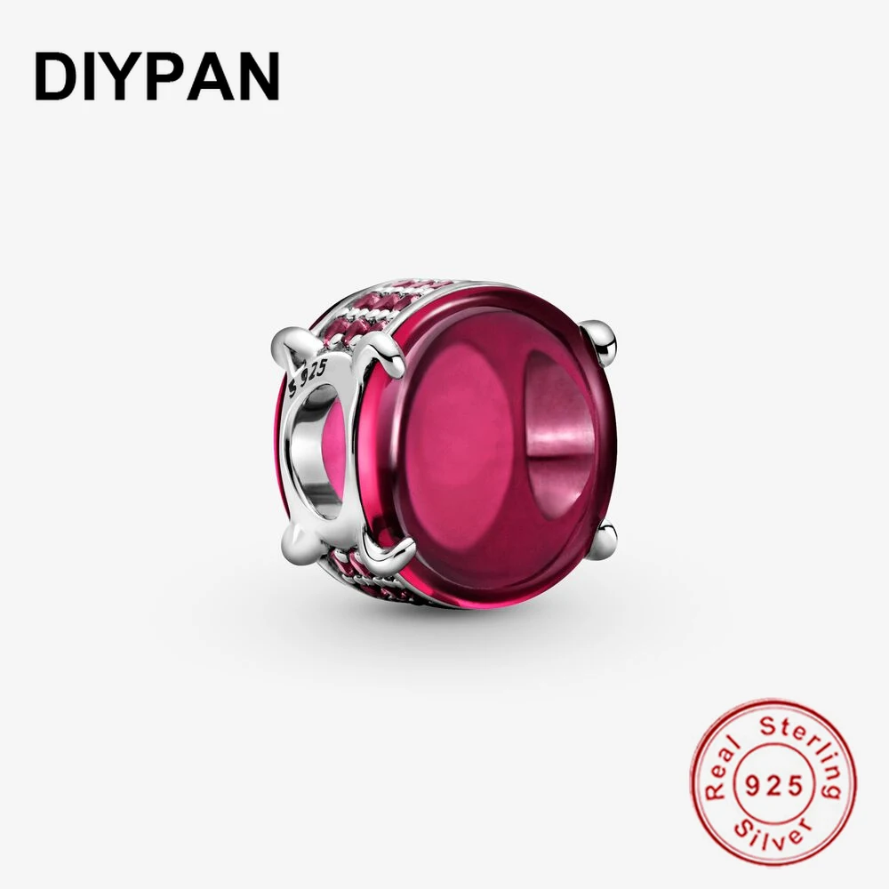 

925 Sterling Silver Fuchsia Rose Oval Cabochon Charm Fit Original Pandora Charms Bracelet Beads 925 Silver Jewelry Berloque