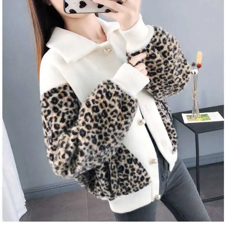 

Women 2021 Autumn Winter Leopard-print Imitation Mink Velvet Loose Coat Female Fashion Casual Knit Cardigan Sweater Jacket A211