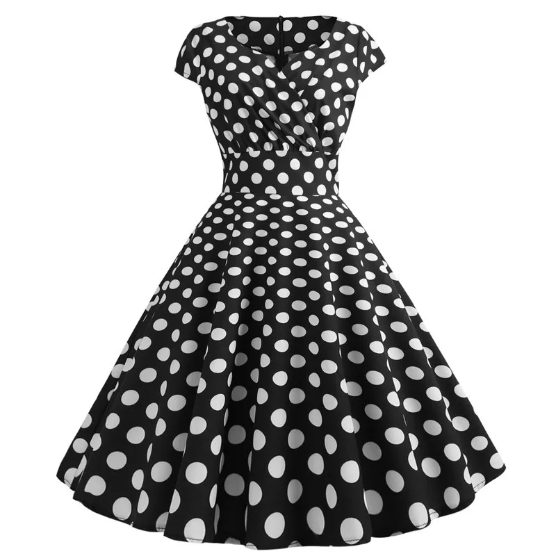 

Vintage Hepburn Style Dress Women Slim Short Sleeve Print Party Dress Ladies Elegant Spring Summer Swing Party Dress
