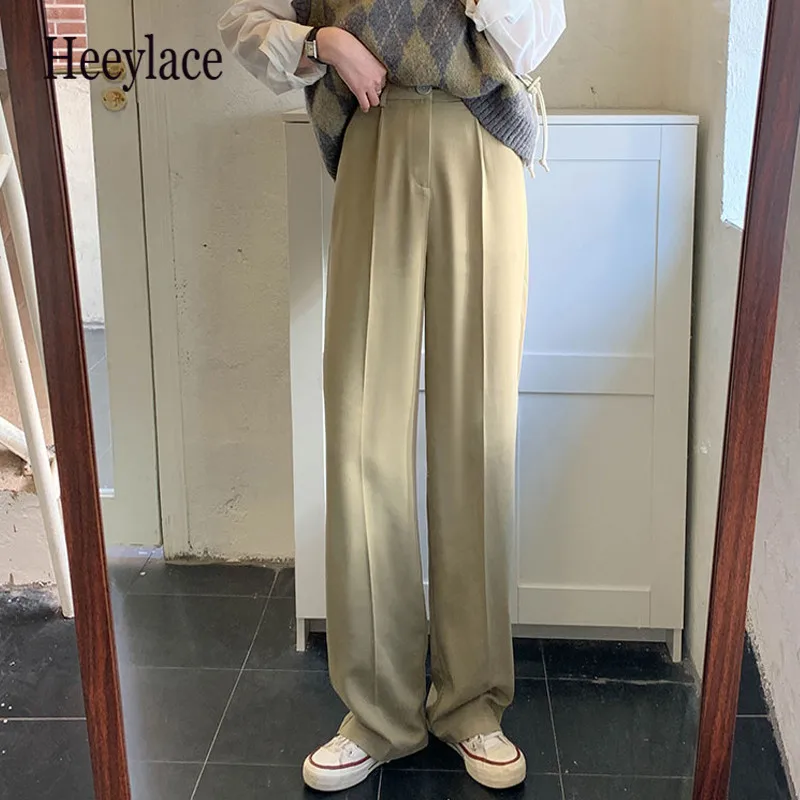 

2021 Fashion Straight Suit Women Soild Pants High Waist Casual Office Lady Full Length Bottoms Wide Leg Loose Female Trousers