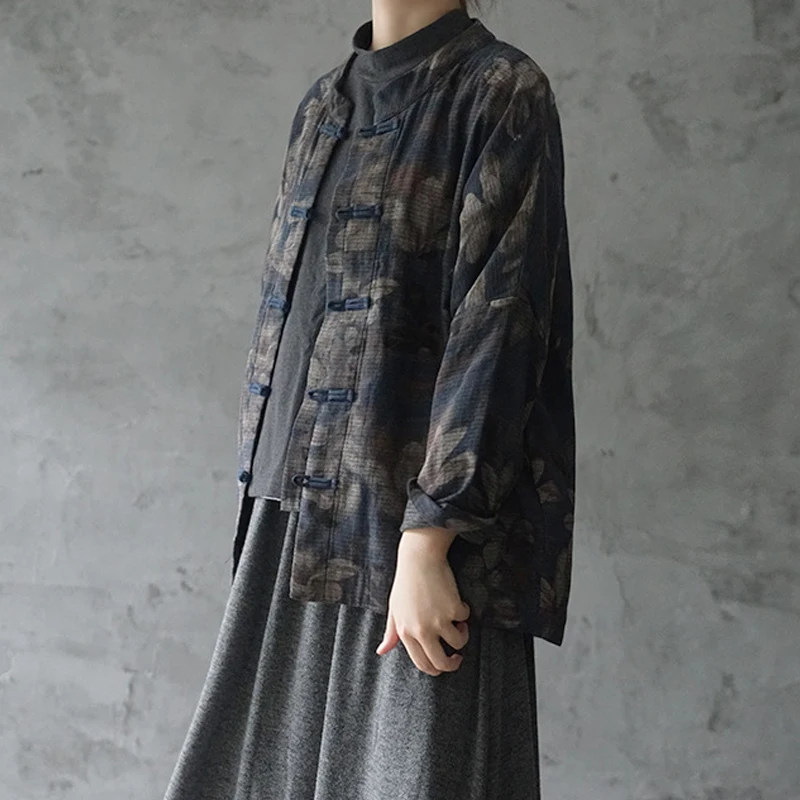 Johnature New Retro Plate Buckle Floral Print Cotton Linen Overcoat 2021 Autumn Winter Loose Comfortable Long Sleeve Women Coat | Женская
